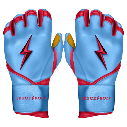 BRUCE BOLT YOUTH PREMIUM PRO BADER SERIES LONG CUFF BATTING GLOVES | BABY BLUE