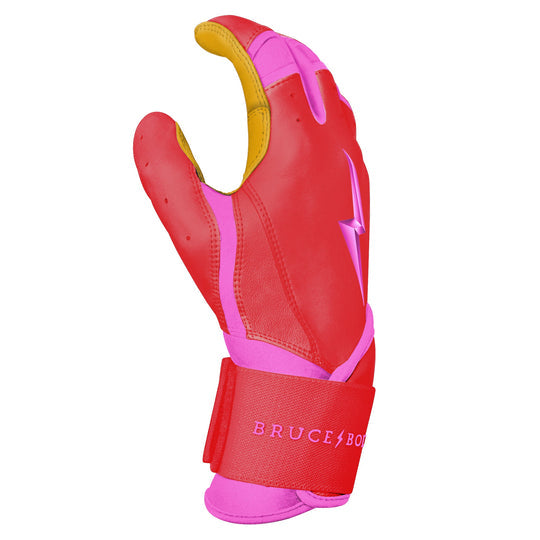 BRUCE BOLT YOUTH PREMIUM PRO BADER SERIES LONG CUFF BATTING GLOVES | PINK